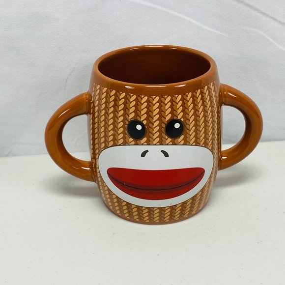Double Handle Sock Monkey Galerie Cup Hot Cocoa Coffee Mug Brown 16oz - Picture 4 of 9